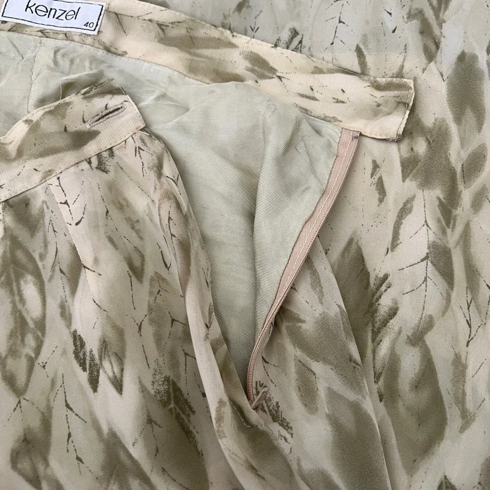 Kenzel Abstract Leaf Print Maxi Skirt Green Tan Lined Side Zip Womens 90s